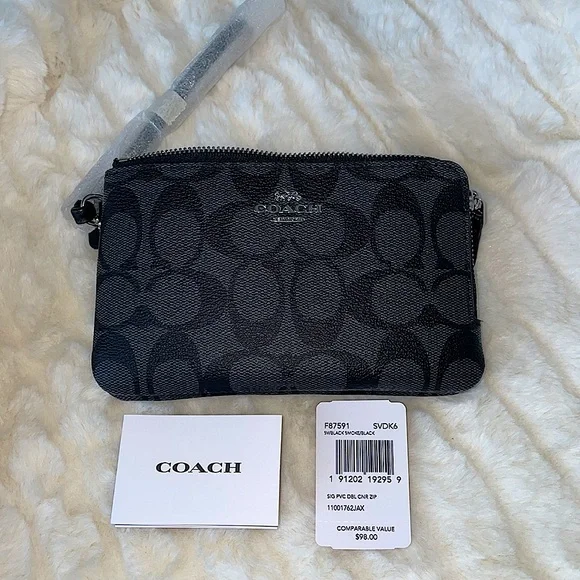 Coach Double Corner Zip Wristlet In Signature Canvas - Picture 2 of 8